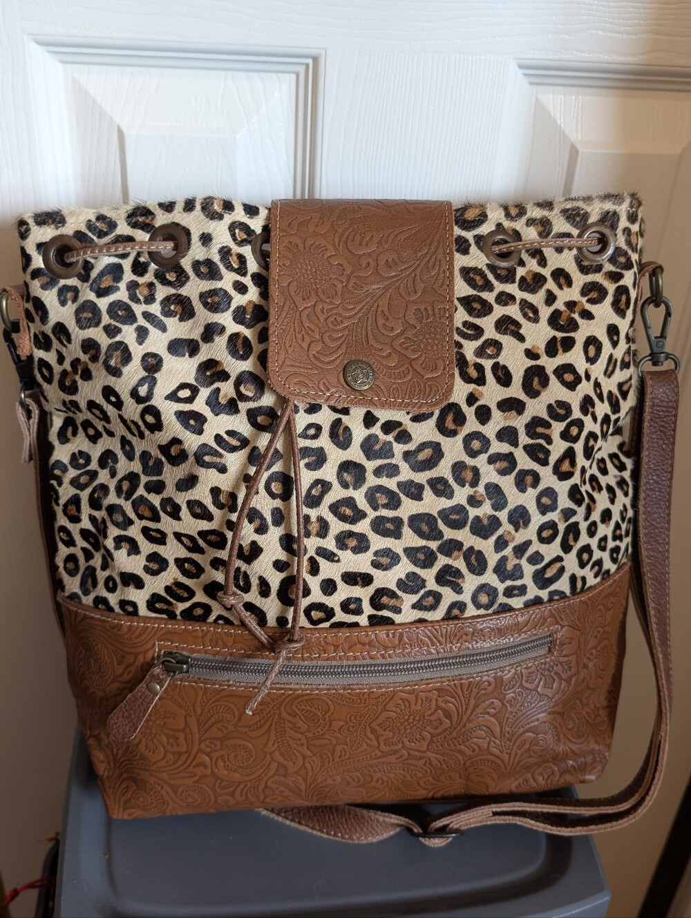 Myra Bag Leopard Print Brown Leather Bucket Bag Western Boho